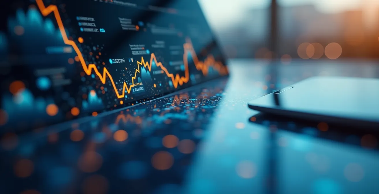 Concept visuel représentant l'analyse de performance business avec des éléments graphiques élégants