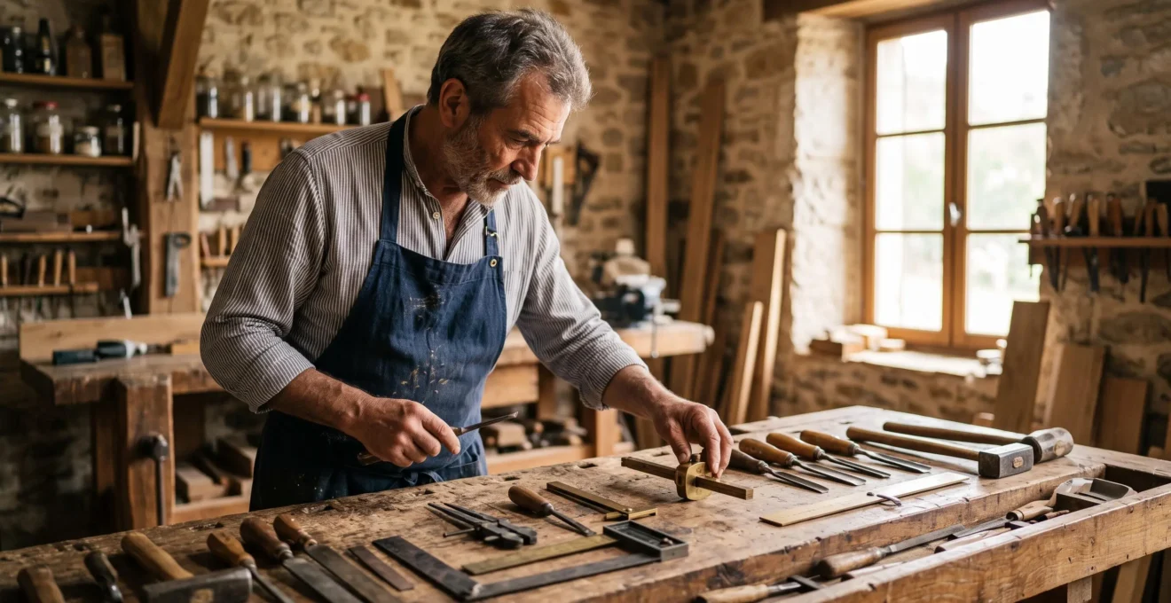 Artisan francais ajustant des outils de precision de tailles differentes sur un etabli en bois, symbolisant l'adaptation des techniques SEO selon les ressources disponibles