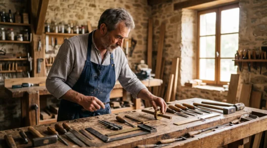 Artisan francais ajustant des outils de precision de tailles differentes sur un etabli en bois, symbolisant l'adaptation des techniques SEO selon les ressources disponibles