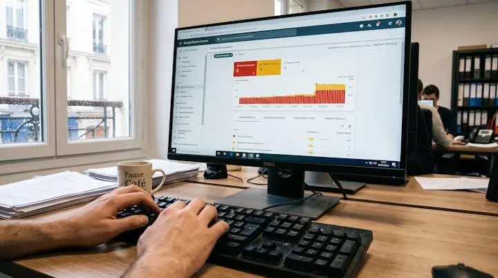 Écran d'ordinateur affichant Google Search Console avec graphiques d'erreurs de couverture et pages non indexées