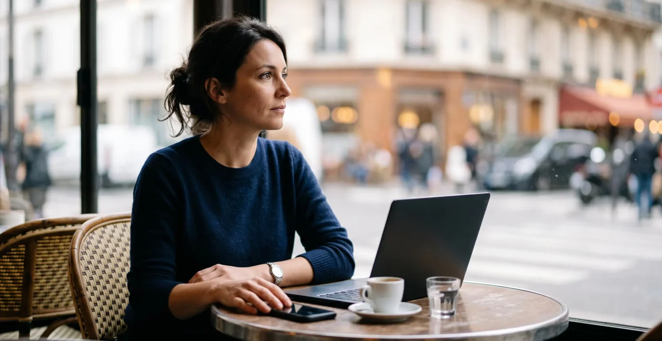Professionnel du marketing digital en France comparant intuitivement l'usage mobile et desktop dans un cadre urbain contemporain