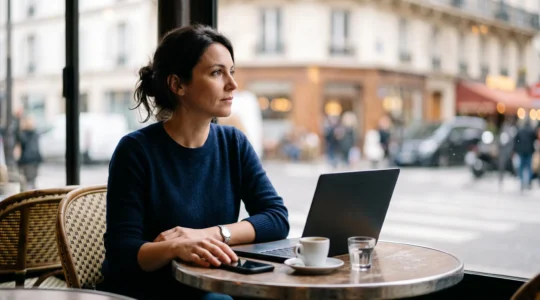 Professionnel du marketing digital en France comparant intuitivement l'usage mobile et desktop dans un cadre urbain contemporain