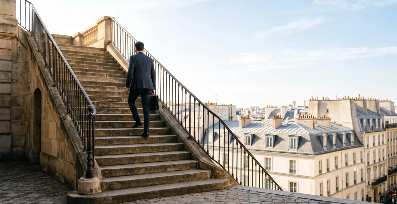 Escalier monumental symbolisant une ascension rapide dans les classements de recherche, dans un cadre urbain français