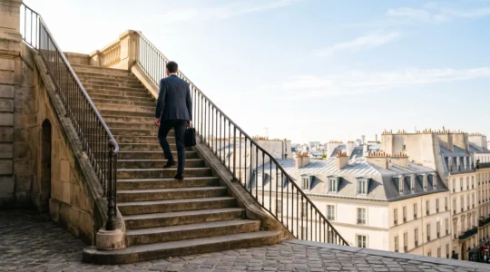Escalier monumental symbolisant une ascension rapide dans les classements de recherche, dans un cadre urbain français