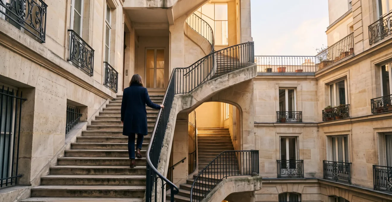 Escalier en pierre s'élevant progressivement vers la lumière, symbolisant la progression méthodique d'une autorité de domaine sur 18 mois