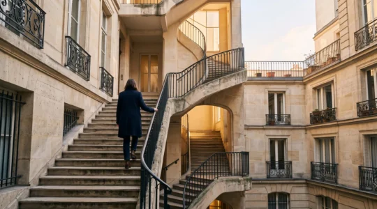 Escalier en pierre s'élevant progressivement vers la lumière, symbolisant la progression méthodique d'une autorité de domaine sur 18 mois