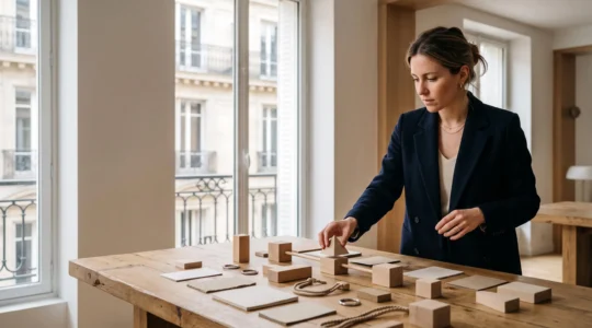 Analyste marketing examinant une cartographie de points de contact digitaux dans un bureau parisien