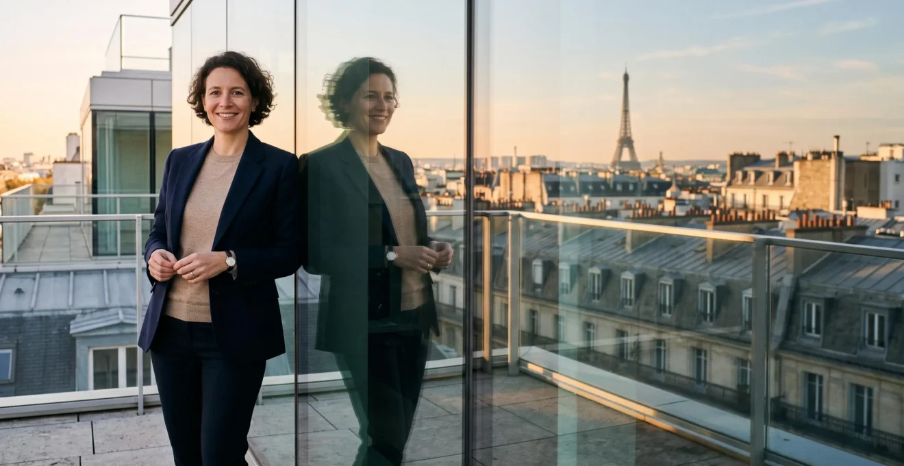 Entrepreneur francais confiant observant les toits de Paris depuis une terrasse vitree, symbolisant la construction d'une image de marque digitale de confiance