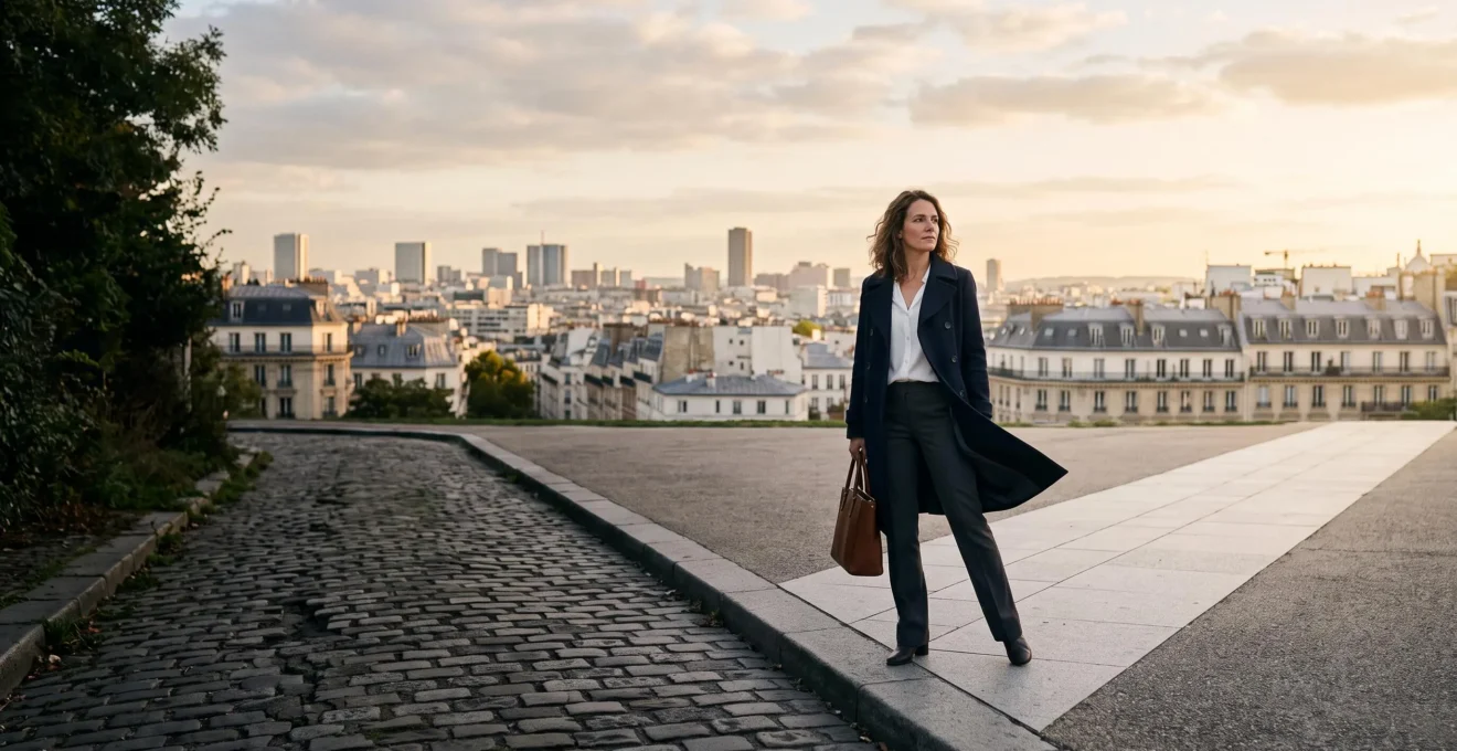 Un professionnel du marketing digital français observe un carrefour symbolique entre deux chemins, illustrant le choix entre pivoter ou intensifier sa stratégie SEO