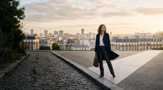 Un professionnel du marketing digital français observe un carrefour symbolique entre deux chemins, illustrant le choix entre pivoter ou intensifier sa stratégie SEO