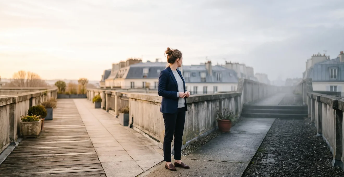 Professionnel du marketing digital à un carrefour symbolique entre expertise fiable et fausse promesse, sur fond de toits parisiens