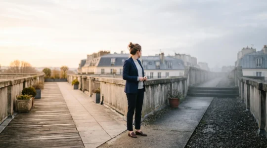 Professionnel du marketing digital à un carrefour symbolique entre expertise fiable et fausse promesse, sur fond de toits parisiens