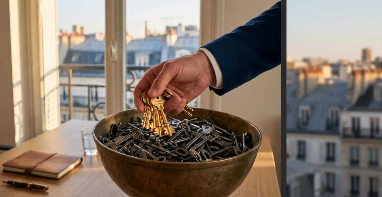 Illustration symbolique d'une main sélectionnant quelques clés en laiton parmi une multitude de clés identiques, représentant l'identification des mots-clés stratégiques SEO