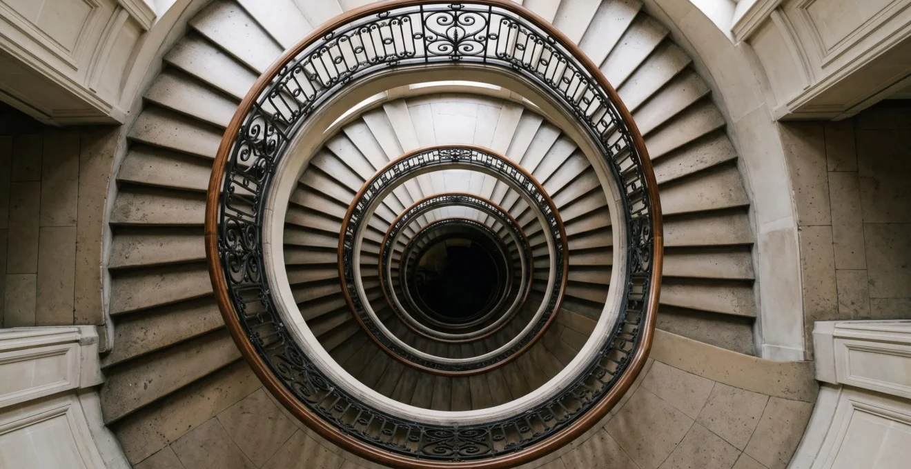 Escalier en colimaçon vu du dessus dans un immeuble haussmannien symbolisant les niveaux de classement Google