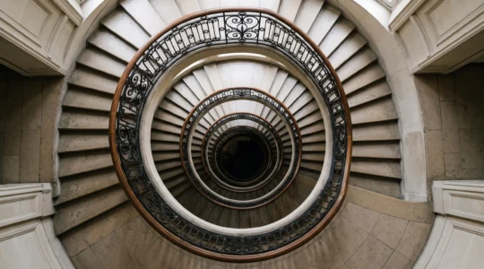 Escalier en colimaçon vu du dessus dans un immeuble haussmannien symbolisant les niveaux de classement Google