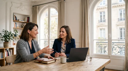 Entrepreneur francais et consultant SEO echangeant autour d'une table de travail dans un bureau parisien lumineux