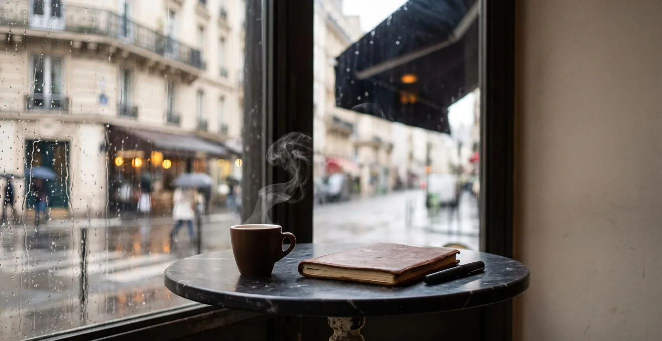 Table de café parisienne avec une tasse fumante, symbolisant une conversation qui se propage et génère de l'engagement autour d'un contenu