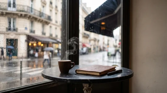 Table de café parisienne avec une tasse fumante, symbolisant une conversation qui se propage et génère de l'engagement autour d'un contenu