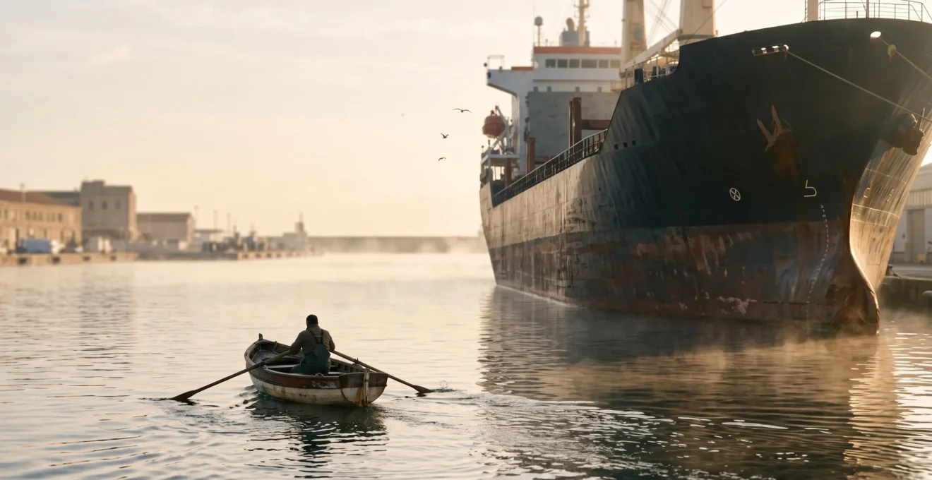 Petite barque en bois s'approchant d'un immense porte-conteneurs dans un port francais au lever du soleil, symbolisant l'obtention d'un lien depuis un site a forte autorite