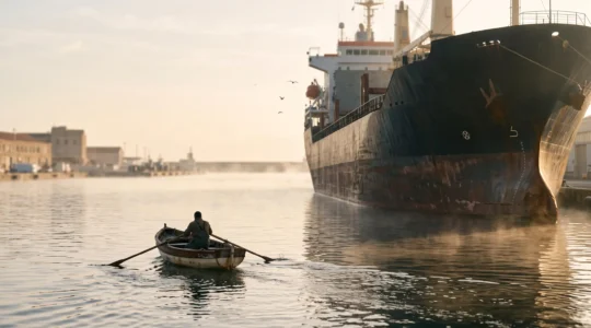 Petite barque en bois s'approchant d'un immense porte-conteneurs dans un port francais au lever du soleil, symbolisant l'obtention d'un lien depuis un site a forte autorite