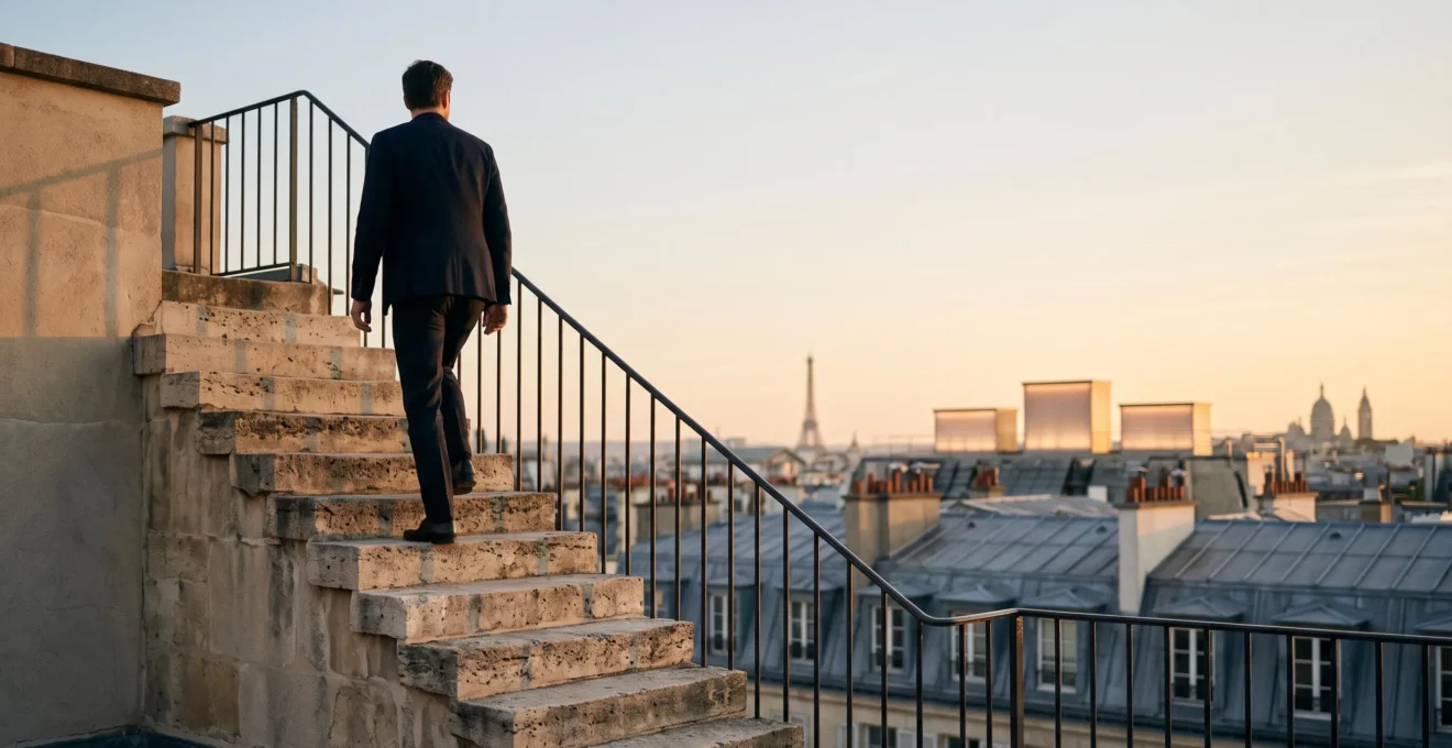 Ascension symbolique vers le podium des trois premières places dans un environnement urbain francais evoquant la progression dans les resultats Google