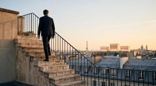 Ascension symbolique vers le podium des trois premières places dans un environnement urbain francais evoquant la progression dans les resultats Google