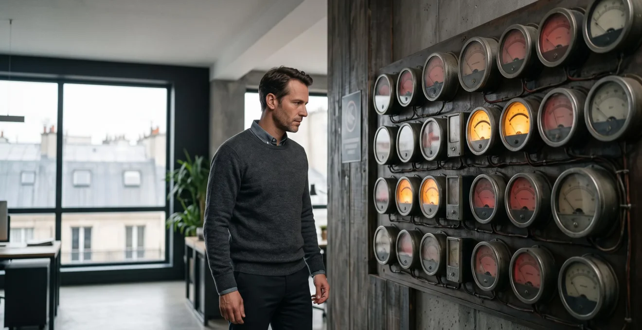 Un professionnel du marketing examine un tableau de bord analogique de jauges lumineuses représentant les signaux de santé SEO d'un site, dans un bureau parisien épuré.