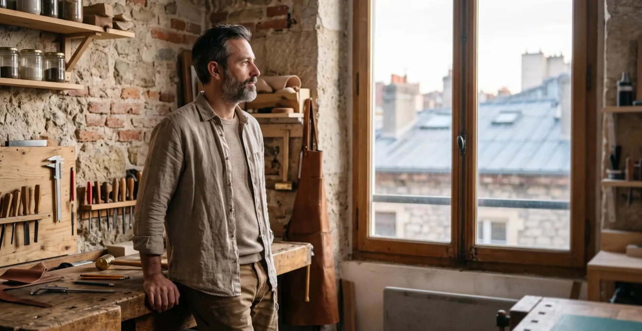 Dirigeant d'une TPE française travaillant seul sur sa stratégie de référencement naturel dans son atelier