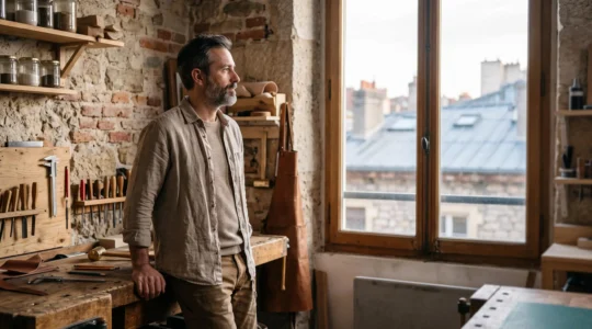 Dirigeant d'une TPE française travaillant seul sur sa stratégie de référencement naturel dans son atelier