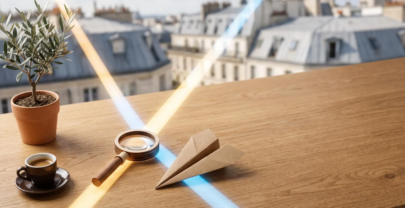 Deux faisceaux de lumière complémentaires, l'un doré et l'un bleu, convergeant symboliquement au-dessus d'une table en bois représentant la fusion du référencement naturel et payant en France