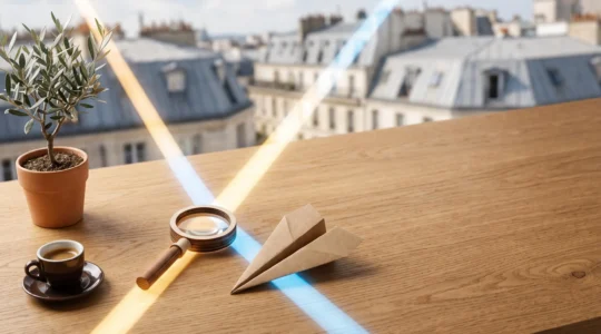 Deux faisceaux de lumière complémentaires, l'un doré et l'un bleu, convergeant symboliquement au-dessus d'une table en bois représentant la fusion du référencement naturel et payant en France