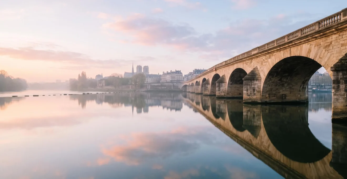 Vue symbolique d'un pont de pierre solitaire et robuste traversant un large fleuve au lever du soleil, illustrant la force d'un lien de confiance unique en référencement