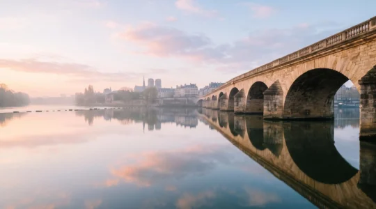 Vue symbolique d'un pont de pierre solitaire et robuste traversant un large fleuve au lever du soleil, illustrant la force d'un lien de confiance unique en référencement