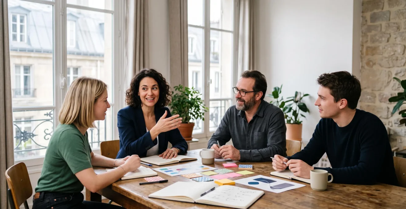 Équipe marketing française réunie autour d'une table de travail, symbolisant la montée en compétence interne en référencement naturel