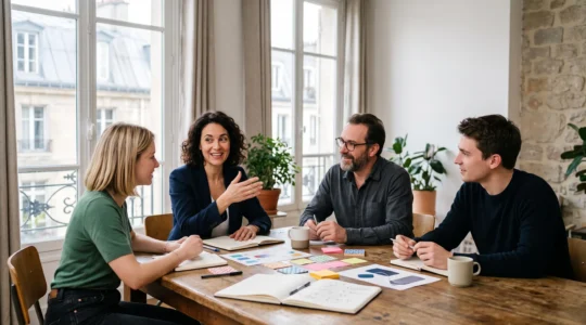 Équipe marketing française réunie autour d'une table de travail, symbolisant la montée en compétence interne en référencement naturel