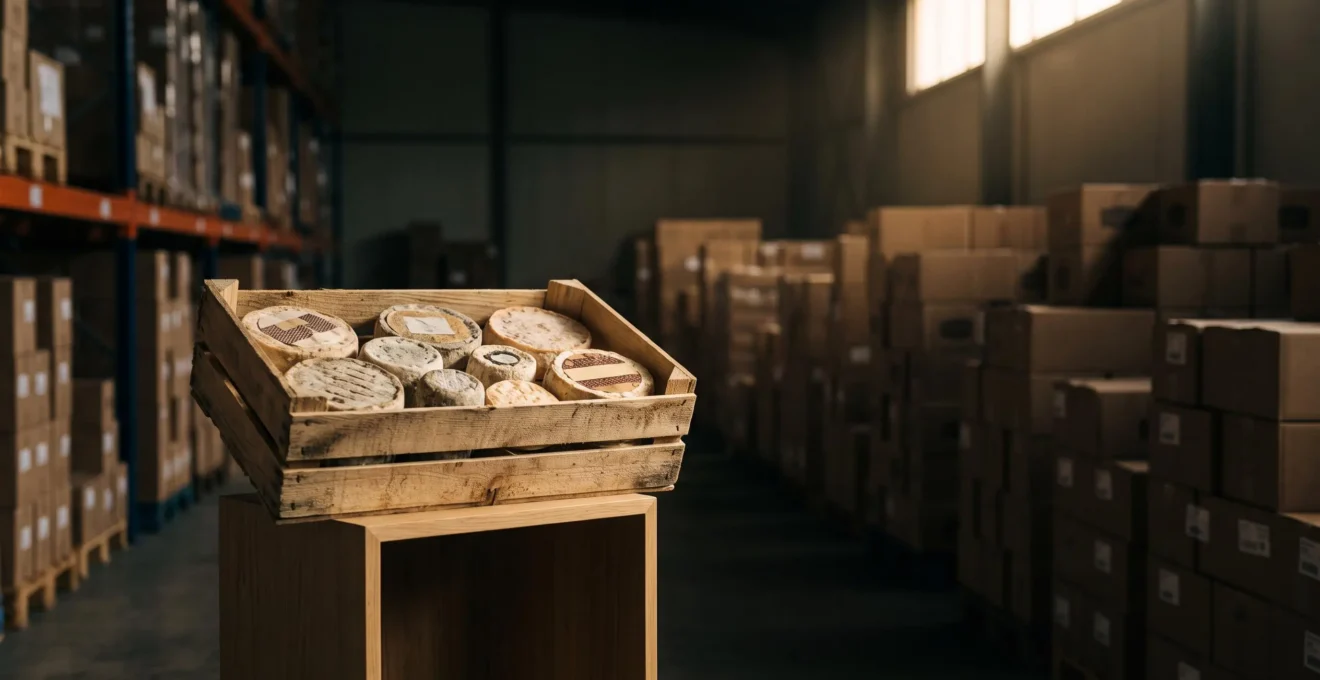 Fiche produit d'un artisan français mise en lumière comme un best-seller au milieu d'un entrepôt e-commerce