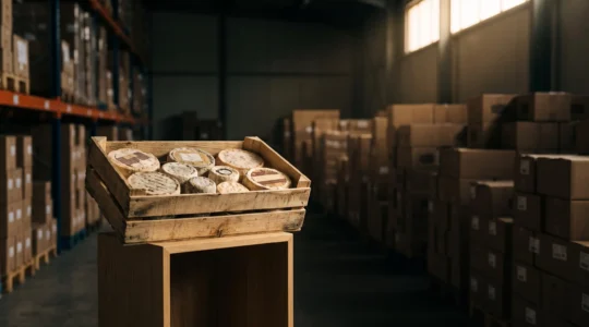Fiche produit d'un artisan français mise en lumière comme un best-seller au milieu d'un entrepôt e-commerce