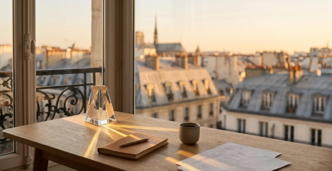Illustration symbolique d'un bureau parisien epure ou la lumiere naturelle est filtree a travers un objet en verre, symbolisant la transformation du trafic organique en leads qualifies