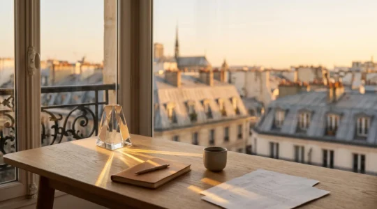 Illustration symbolique d'un bureau parisien epure ou la lumiere naturelle est filtree a travers un objet en verre, symbolisant la transformation du trafic organique en leads qualifies