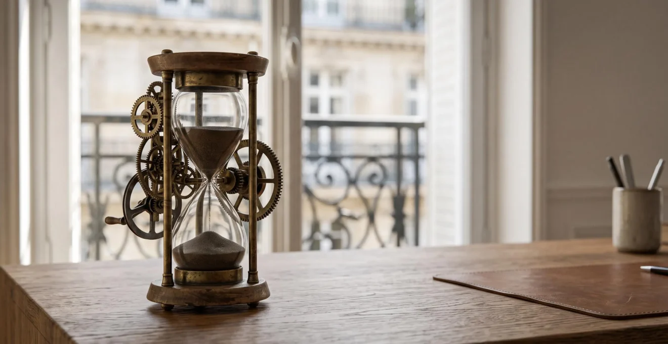 Illustration symbolique d'un gain de temps grace aux outils SEO, avec des elements evoquant l'efficacite et l'organisation