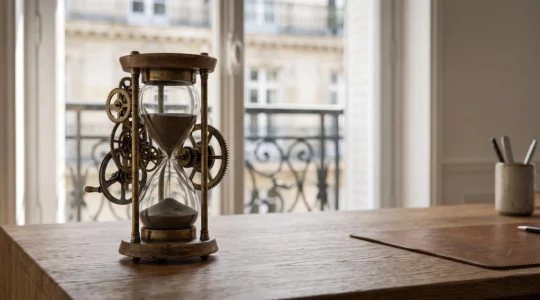 Illustration symbolique d'un gain de temps grace aux outils SEO, avec des elements evoquant l'efficacite et l'organisation
