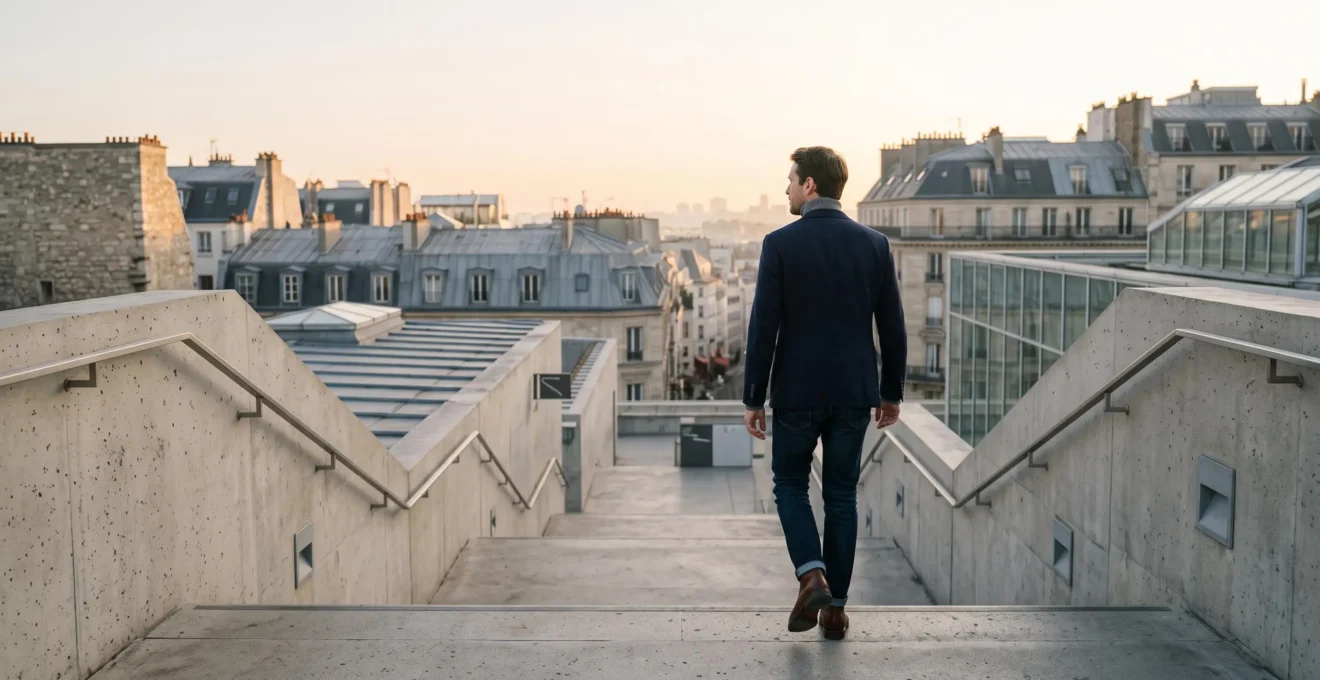 Ascension symbolique d'un escalier minimaliste representant la progression de cinq places dans les resultats de recherche face a des concurrents etablis