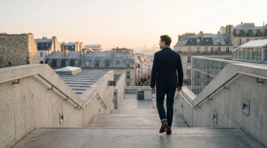 Ascension symbolique d'un escalier minimaliste representant la progression de cinq places dans les resultats de recherche face a des concurrents etablis