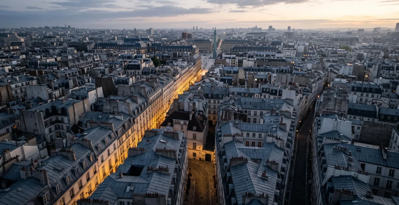 Vue aerienne d'un labyrinthe de toits parisiens symbolisant les chemins complexes que Google doit explorer pour crawler un site web