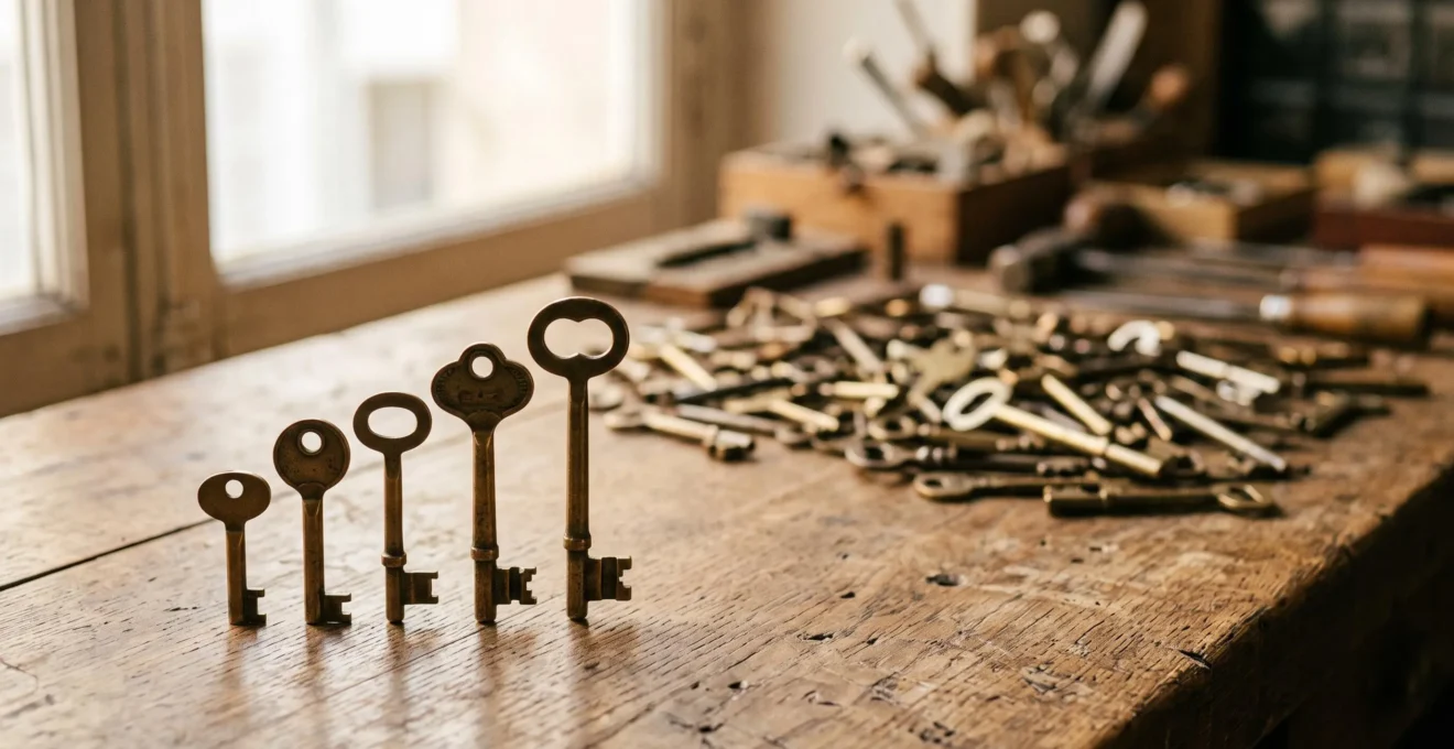 Trousseau de vieilles clés en laiton triées avec précision sur une table en bois, symbolisant l'organisation des mots-clés
