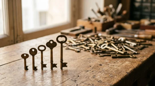 Trousseau de vieilles clés en laiton triées avec précision sur une table en bois, symbolisant l'organisation des mots-clés