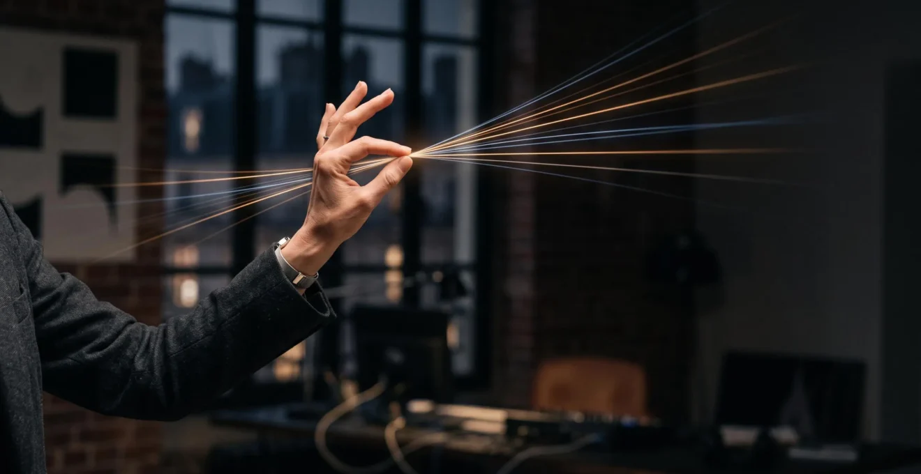 Une main dirigeant avec précision plusieurs faisceaux de lumière convergents, symbolisant l'orchestration coordonnée des canaux marketing digitaux