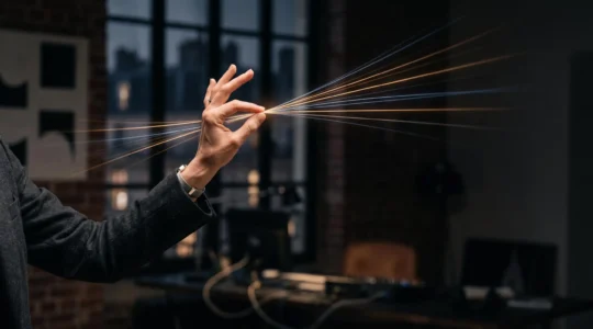 Une main dirigeant avec précision plusieurs faisceaux de lumière convergents, symbolisant l'orchestration coordonnée des canaux marketing digitaux