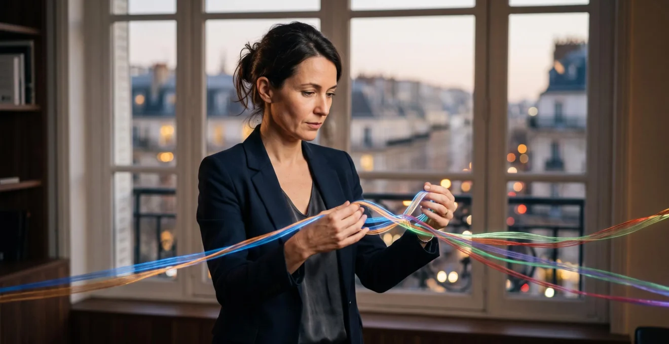 Stratège SEO orchestrant plusieurs fils lumineux représentant des chantiers simultanés, vue depuis un bureau parisien