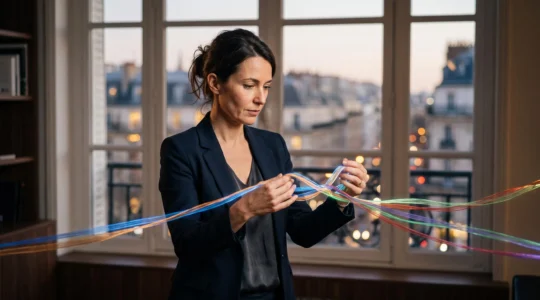 Stratège SEO orchestrant plusieurs fils lumineux représentant des chantiers simultanés, vue depuis un bureau parisien